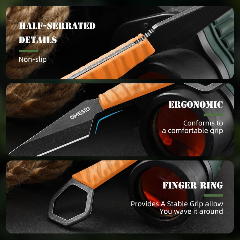 Omesio Neck Knife S-HF, EDC Fixed Blade Knife with Sheath, 6.38” Full Tang Tactical Knife for Men, Ideal for Outdoor Camping, Survival, Hiking (Orange) - Image 3
